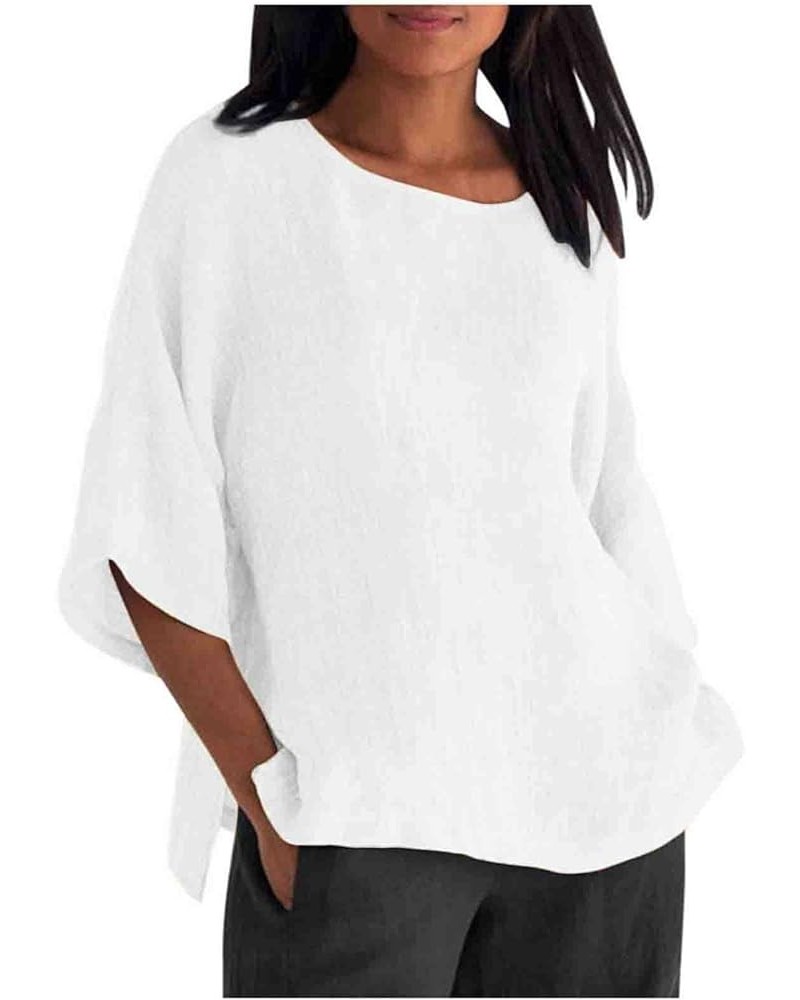 Linen Shirts Women 3/4 Sleeve Tops Crew Neck Blouses Summer Basic Solid Colour Tunic Tops Linen Shirts A14 - White $8.21 Tops