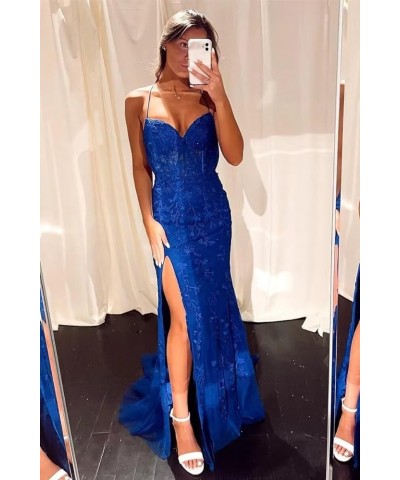 Lace Appliques Mermaid Prom Dresses with Slit Spaghetti Straps Formal Gown Tulle Party Dress for Women Silver $39.13 Dresses