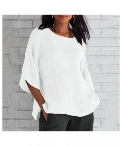 Linen Shirts Women 3/4 Sleeve Tops Crew Neck Blouses Summer Basic Solid Colour Tunic Tops Linen Shirts A14 - White $8.21 Tops