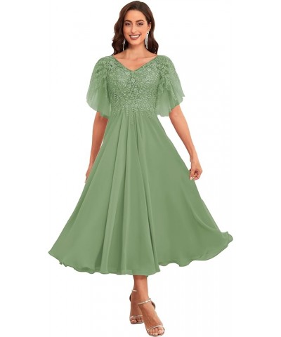 Women's Tea Length Mother of The Bride Dress for Wedding Lace Chiffon Formal Evening Gown Sage Green $51.29 Dresses