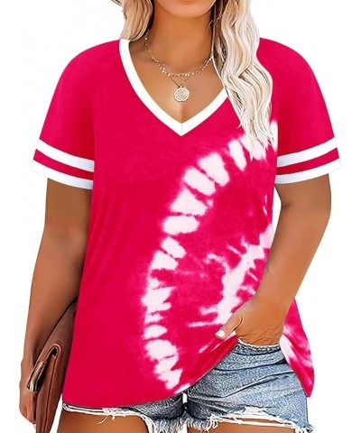 Womens Plus Size Tops Short Sleeve Shirts V Neck Tunic Floral/Tie Dye/Solid Summer Tees XL-5X Ps125-hot Pink Printed $14.10 T...