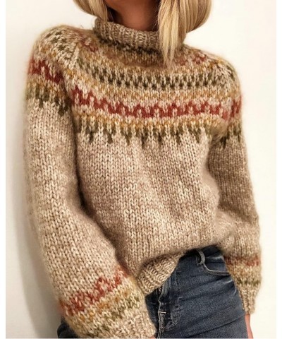 Women's Knitted Fair Isle Print Retro Sweater Casual Loose Crewneck Long Sleeve Lightweight Cropped Pullover Tops 01-apricot ...