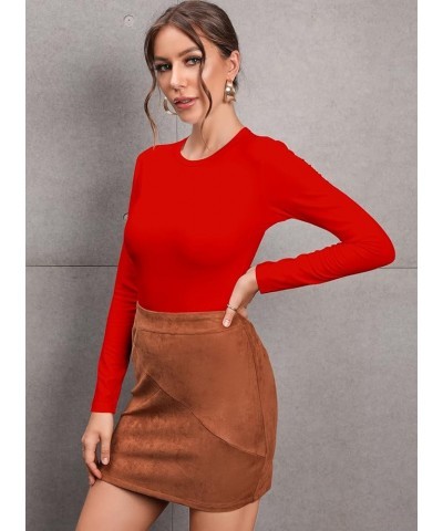 Women Long Sleeve Short Sleeve Bodysuit Round Neck Basic Ribbed T Shirts Red $9.43 Bodysuits