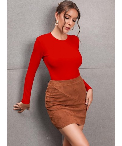 Women Long Sleeve Short Sleeve Bodysuit Round Neck Basic Ribbed T Shirts Red $9.43 Bodysuits