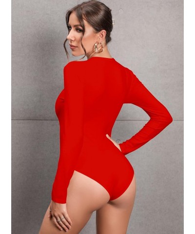 Women Long Sleeve Short Sleeve Bodysuit Round Neck Basic Ribbed T Shirts Red $9.43 Bodysuits