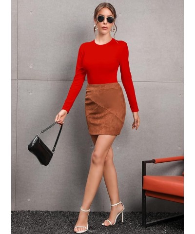 Women Long Sleeve Short Sleeve Bodysuit Round Neck Basic Ribbed T Shirts Red $9.43 Bodysuits