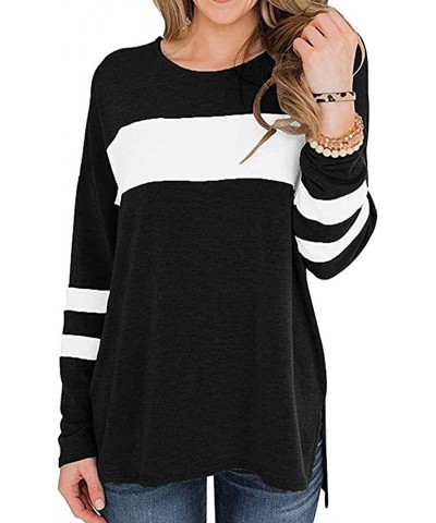 Womens Color Block Long Sleeve Shirt Pullover Round Neck Side Split High Low Tunic Tops Black & White $9.47 Tops