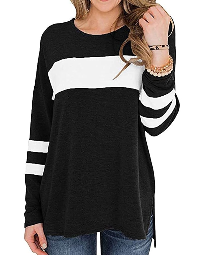 Womens Color Block Long Sleeve Shirt Pullover Round Neck Side Split High Low Tunic Tops Black & White $9.47 Tops