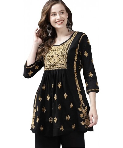 Indian Hand Embroidered Chikankari Women's Ethnic Cotton Top Tunic Shirt Kurti A911173 Black/Fawn $32.23 Tops