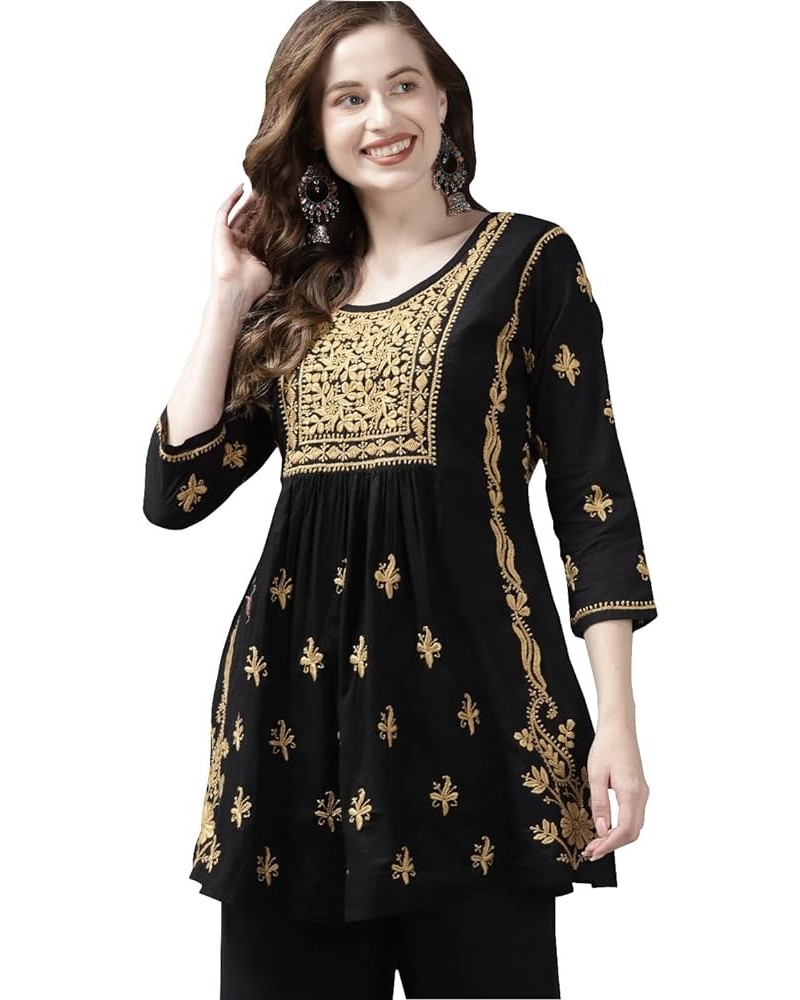 Indian Hand Embroidered Chikankari Women's Ethnic Cotton Top Tunic Shirt Kurti A911173 Black/Fawn $32.23 Tops