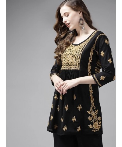 Indian Hand Embroidered Chikankari Women's Ethnic Cotton Top Tunic Shirt Kurti A911173 Black/Fawn $32.23 Tops