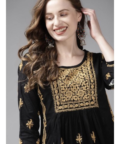 Indian Hand Embroidered Chikankari Women's Ethnic Cotton Top Tunic Shirt Kurti A911173 Black/Fawn $32.23 Tops