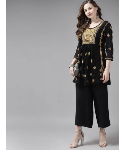 Indian Hand Embroidered Chikankari Women's Ethnic Cotton Top Tunic Shirt Kurti A911173 Black/Fawn $32.23 Tops