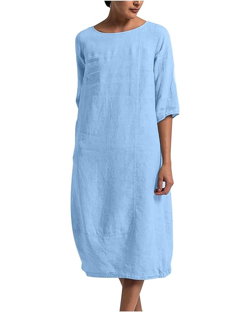 Cotton Linen Dresses for Women Solid Color Round Neck Half Sleeve Midi Dress Ladies Casual Shift Midi Length Dress Light Blue...