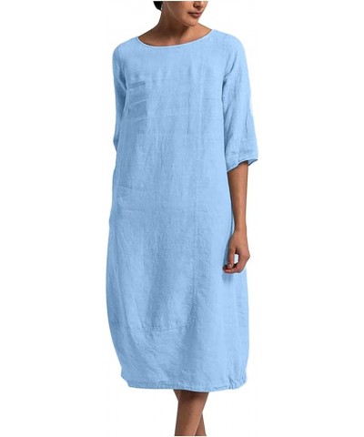 Cotton Linen Dresses for Women Solid Color Round Neck Half Sleeve Midi Dress Ladies Casual Shift Midi Length Dress Light Blue...