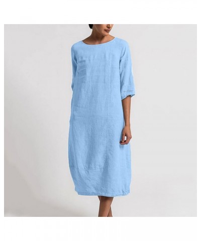 Cotton Linen Dresses for Women Solid Color Round Neck Half Sleeve Midi Dress Ladies Casual Shift Midi Length Dress Light Blue...