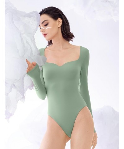 Women's Sweetheart Neck Long Sleeve Bodysuit Slimming Body Suit Going Out Tops Smoke Cloud Pro Collection Sage $16.32 Bodysuits