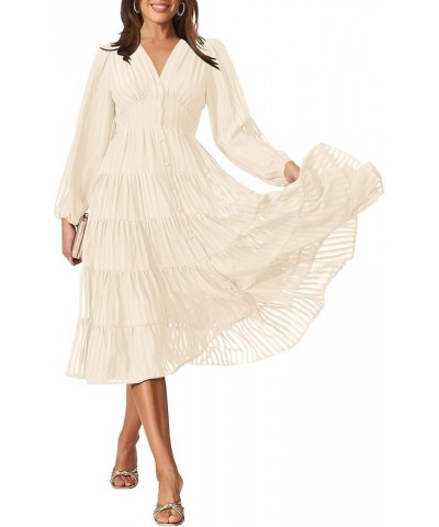 Women's 2023 Elegant Long Sleeve High Waist Button Down Ruffle Tiered Flowy Cocktail Party Midi Dress Beige $23.52 Dresses