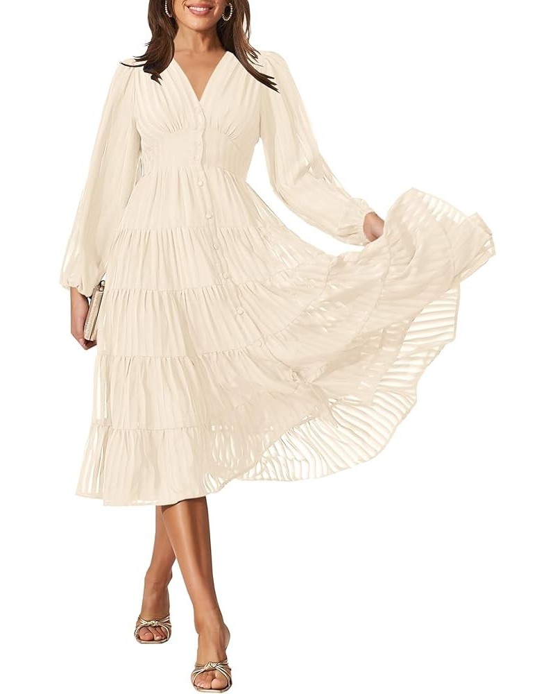 Women's 2023 Elegant Long Sleeve High Waist Button Down Ruffle Tiered Flowy Cocktail Party Midi Dress Beige $23.52 Dresses