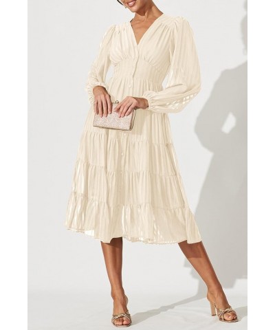 Women's 2023 Elegant Long Sleeve High Waist Button Down Ruffle Tiered Flowy Cocktail Party Midi Dress Beige $23.52 Dresses