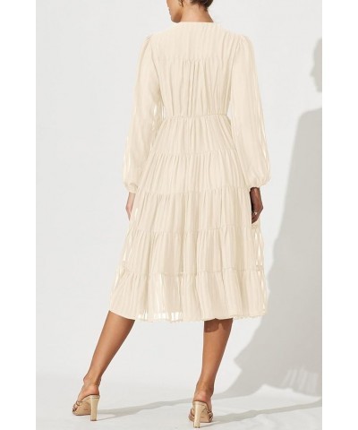 Women's 2023 Elegant Long Sleeve High Waist Button Down Ruffle Tiered Flowy Cocktail Party Midi Dress Beige $23.52 Dresses