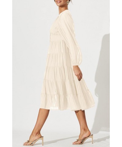 Women's 2023 Elegant Long Sleeve High Waist Button Down Ruffle Tiered Flowy Cocktail Party Midi Dress Beige $23.52 Dresses