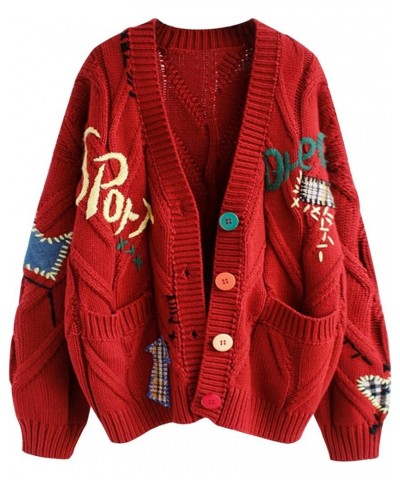 Women's Graphic Sweater Cardigans Kawaii Print Cable Knit Embroided Long Sleeve Button V Neck Coat Cardigan Red $21.41 Sweaters