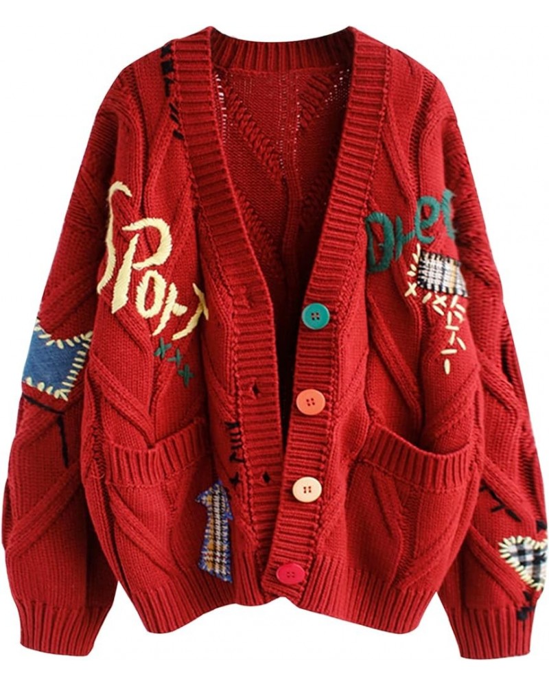 Women's Graphic Sweater Cardigans Kawaii Print Cable Knit Embroided Long Sleeve Button V Neck Coat Cardigan Red $21.41 Sweaters