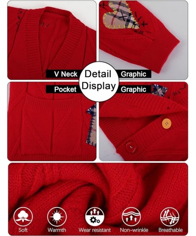 Women's Graphic Sweater Cardigans Kawaii Print Cable Knit Embroided Long Sleeve Button V Neck Coat Cardigan Red $21.41 Sweaters