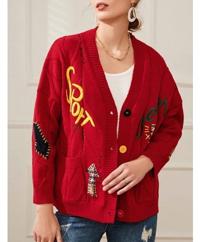 Women's Graphic Sweater Cardigans Kawaii Print Cable Knit Embroided Long Sleeve Button V Neck Coat Cardigan Red $21.41 Sweaters