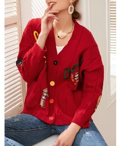 Women's Graphic Sweater Cardigans Kawaii Print Cable Knit Embroided Long Sleeve Button V Neck Coat Cardigan Red $21.41 Sweaters