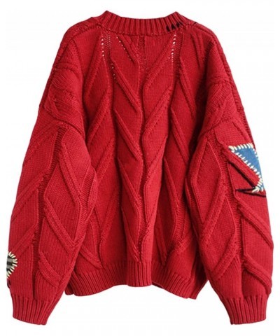 Women's Graphic Sweater Cardigans Kawaii Print Cable Knit Embroided Long Sleeve Button V Neck Coat Cardigan Red $21.41 Sweaters