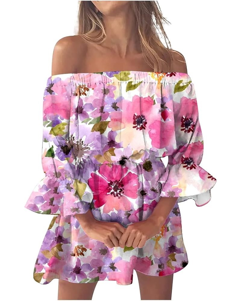 Summer Dresses for Women 2023 Beach Sexy Sundresses Off Shoulder Casual Loose Fit Bell Sleeve Bohemia Floral Mini Dress 11-pu...