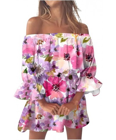 Summer Dresses for Women 2023 Beach Sexy Sundresses Off Shoulder Casual Loose Fit Bell Sleeve Bohemia Floral Mini Dress 11-pu...