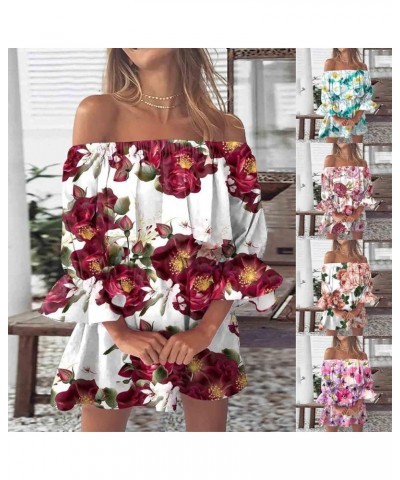 Summer Dresses for Women 2023 Beach Sexy Sundresses Off Shoulder Casual Loose Fit Bell Sleeve Bohemia Floral Mini Dress 11-pu...