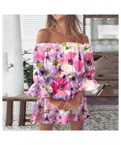 Summer Dresses for Women 2023 Beach Sexy Sundresses Off Shoulder Casual Loose Fit Bell Sleeve Bohemia Floral Mini Dress 11-pu...