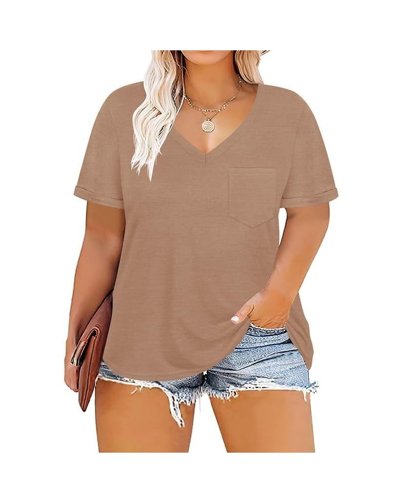 Plus Size Tops for Women Short Sleeve Shirts V Neck T Shirt Basic Casual Loose Tunics Summer Tees A88-khaki $11.60 T-Shirts