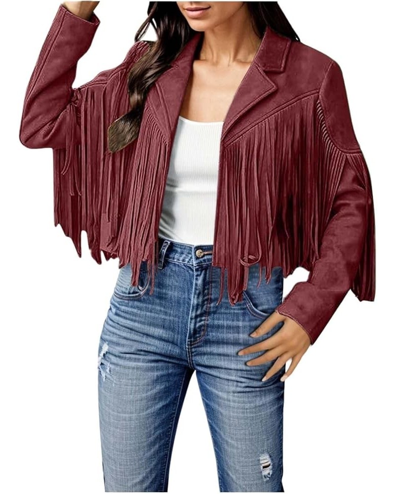 Womens Leather Jacket Fringe Faux PU Cropped Jackets Tassel Long Sleeve Motorcycle Biker Outwear S-XL Wine $15.92 Coats