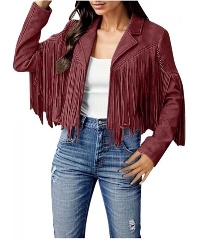 Womens Leather Jacket Fringe Faux PU Cropped Jackets Tassel Long Sleeve Motorcycle Biker Outwear S-XL Wine $15.92 Coats