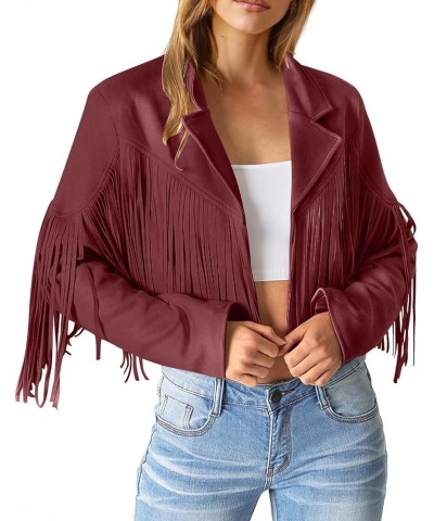 Womens Leather Jacket Fringe Faux PU Cropped Jackets Tassel Long Sleeve Motorcycle Biker Outwear S-XL Wine $15.92 Coats