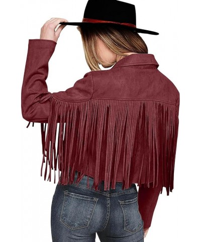 Womens Leather Jacket Fringe Faux PU Cropped Jackets Tassel Long Sleeve Motorcycle Biker Outwear S-XL Wine $15.92 Coats