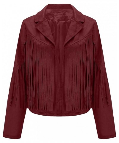 Womens Leather Jacket Fringe Faux PU Cropped Jackets Tassel Long Sleeve Motorcycle Biker Outwear S-XL Wine $15.92 Coats