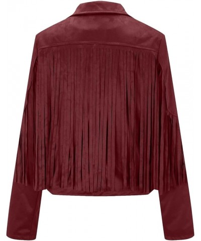 Womens Leather Jacket Fringe Faux PU Cropped Jackets Tassel Long Sleeve Motorcycle Biker Outwear S-XL Wine $15.92 Coats