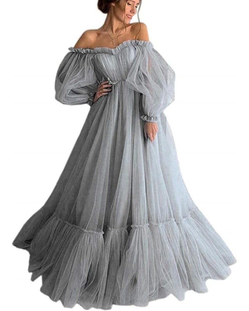 Tulle Off Shoulder Court Train Prom Dress Long Sweetheart Puff Sleeves Wedding Gown with Lace Up TPPD002 Charcoat Gray $45.15...