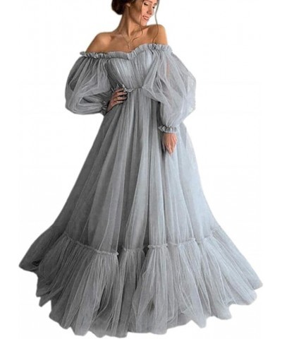 Tulle Off Shoulder Court Train Prom Dress Long Sweetheart Puff Sleeves Wedding Gown with Lace Up TPPD002 Charcoat Gray $45.15...