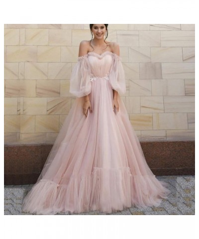 Tulle Off Shoulder Court Train Prom Dress Long Sweetheart Puff Sleeves Wedding Gown with Lace Up TPPD002 Charcoat Gray $45.15...