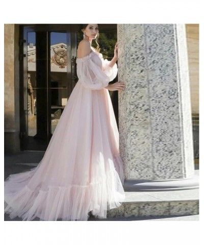 Tulle Off Shoulder Court Train Prom Dress Long Sweetheart Puff Sleeves Wedding Gown with Lace Up TPPD002 Charcoat Gray $45.15...