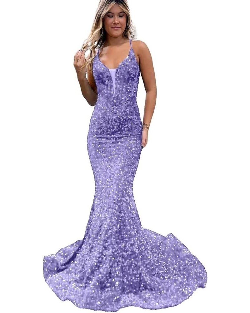 Mermaid Prom Dresses Long Sparkly Sequin Spaghetti Strap V Neck Backless Formal Evening Gowns for Women Lilac $42.07 Dresses