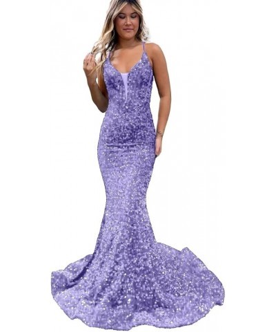 Mermaid Prom Dresses Long Sparkly Sequin Spaghetti Strap V Neck Backless Formal Evening Gowns for Women Lilac $42.07 Dresses