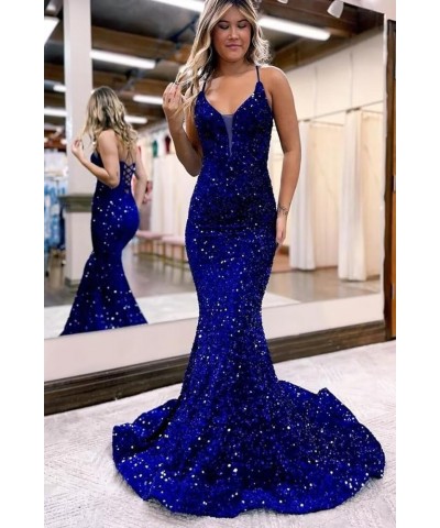 Mermaid Prom Dresses Long Sparkly Sequin Spaghetti Strap V Neck Backless Formal Evening Gowns for Women Lilac $42.07 Dresses